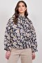 Women's Black-Cream Floral Patterned Double Pocket Lined Quilted Jacket Alc-X14993 - 5