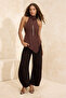 Kahverengi Asimetrik Kesim Halter Yaka Saten Bluz TPRSS26BZ00019