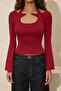 Kırmızı Fitted/Vücuda Oturan Kayık Yaka Aksesuar Detaylı Pamuk Ribana Örme Bluz TWOSS26BZ00222 - 3
