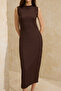 Kahverengi Bodycon Dik Yaka Kolsuz Volanlı/Fırfırlı Dokulu Örme Elbise TWOSS26EL00038 - 3