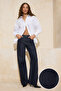 Dark Blue 100% Cotton Stoned Long Length High Waist Raw Wide Leg Jeans Twoss26Je00072 - 2