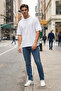 Koyu Mavi Esnek Kumaş Kahve Eskitme Görünümlü Skinny Fit Dar Kesim Jeans Kot Pantolon TMNAW23JE00047