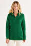 Women's Oversize Wide Cut Woven Zipper Collar Green Sweater - 2