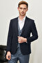 Men's Dark Navy Blue Slim Fit Slim Fit Mono Collar Plaid Patterned Vest Suit
