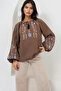 Brown Crew Neck Embroidered Balloon Sleeve Poplin Blouse ALC-X14841 - 4