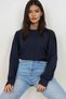 Navy Blue Crew Neck Princess Sleeve Cuff Detailed Woven Blouse Alc-X14863 - 3