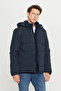 Men's Navy Blue Warm Padded Standard Fit Stand Collar Hooded Casual Coat with Side Pockets - 5