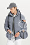 Men's Gray Padded Standard Fit Regular Cut Stand Collar Hooded Side Pocket Jacket Coat