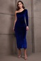 Women's Navy Blue One Sleeve Stone Strap Velvet Long Dress Alc-X14987 - 5