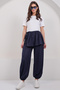 Women's Navy Blue Elastic Waist Design Trousers with Detachable Skirt Alc-X14914 - 5