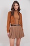 Women's Tan Plaid Patterned Belted Pleated Skirt Alc-X14928 - 3