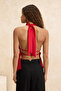 Kırmızı Asimetrik Kesim Halter Yaka Saten Bluz TPRSS26BZ00019 - 4