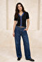Black Color-Blocked Fitted Polo Collar Buttoned Garni Detailed Soft Knitted Blouse Twoss26Bz00065 - 2