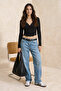 Siyah Fitted/Vücuda Oturan V Yaka Çıtçıtlı Crop Yumuşak Örme Bluz TWOSS26BZ00056 - 2