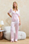 Powder Gathered Tie Detail Satin Woven Pajama Set Thmss26Pt00043 - 3