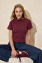 Bordo Relaxed/Rahat Kalıp Kayık Yaka Kısa Kollu %100 Pamuk Örme T-Shirt TWOSS26TS00004