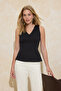 Black Plain Peplum V-Neck Sleeveless Interlock Knitted Blouse Twoss26Bz00044