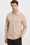 Men's standard fit comfortable cut cotton soft textured plain pike long sleeve stone polo collar sweatshirt