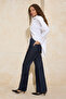 Dark Blue 100% Cotton Stoned Long Length High Waist Raw Wide Leg Jeans Twoss26Je00072 - 4
