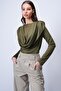 Khaki Crew Neck Knitted Blouse with Draped Shoulders and Fixed Shawl Detail Alc-X15063 - 6