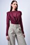 Burgundy Crew Neck Knitted Blouse with Draped Shoulders and Fixed Shawl Detail Alc-X15063 - 5