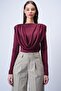 Burgundy Crew Neck Knitted Blouse with Draped Shoulders and Fixed Shawl Detail Alc-X15063 - 2