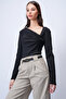Women's Black Asymmetrical Neck Drape Detail Wrap Blouse Alc-X14967 - 4