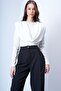 Women's Ecru Crew Neck Shoulders Draped Fixed Shawl Detailed Knitted Blouse Alc-X15063 - 2