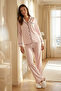 Pudra %100 Pamuklu Çizgili Biye Detaylı Örme Pijama Takımı THMAW21PT0614
