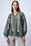 Khaki Hakim Collar Balloon Sleeve Embroidered Woven Blouse Alc-X15047