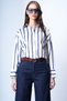 Women's Navy Blue-Striped Wide-Cuff Striped Satin Shirt Alc-X14968