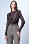 Brown Crew Neck Knitted Blouse with Draped Shoulders and Fixed Shawl Detail Alc-X15063 - 4