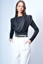 Black Crew Neck Knitted Blouse with Draped Shoulders and Fixed Shawl Detail Alc-X15063 - 4