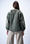 Khaki Hakim Collar Tie-Down Shoulder and Hem Embroidered Woven Blouse Alc-X15052 - 6