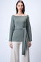 Women's Khaki Boat Neck Tie Waist Knitted Blouse Alc-X15038 - 2