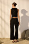 Siyah %100 Keten Yüksek Bel Cep Detaylı Straight Pantolon TWOSS26PL00049 - 4