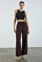 Koyu Kahverengi Beli Lastikli Wide Leg/Geniş Paça Viskon Pantolon  TWOSS25PL00123 - 3
