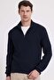 Men's Slim Fit Slim Fit Stand Collar Zippered Patterned Navy Blue Knitwear Sweater
