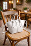 Women's White Zippered Lined Hand and Shoulder Bag