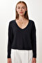 Women's Black V-Neck Basic Ribbed Knitted Blouse Ub00441 - 2