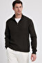 Men's slim fit tapered stand collar zip-up dark khaki sweater - 2