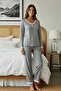 Gri Puantiyeli Dantelli Tshirt-Pantolon Örme Pijama Takımı THMAW24PT00182