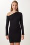 Women's Black Boat Neck Gathered Mini Knitted Dress Ub00442 - 3