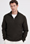 Men's slim fit tapered stand collar zip-up dark khaki sweater - 7