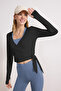 Siyah Micro Bağlamalı Kruvaze Crop Örme Spor Bluz/Bolero THMSS26BZ00002