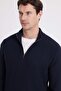 Men's Slim Fit Slim Fit Stand Collar Zippered Patterned Navy Blue Knitwear Sweater - 3