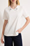 Beyaz Kalın Pamuklu Polo Yaka Taş Detaylı Regular/Normal Kalıp Örme T-Shirt TWOSS25TS00052 - 3