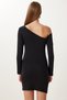 Women's Black Boat Neck Gathered Mini Knitted Dress Ub00442 - 6