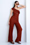 Tile Pattern One-Shoulder Open Ruffle Detailed Seersucker Blouse and Pants Set Alc-X15217