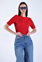 Red Crew Neck Short Sleeve Seersucker Fabric Blouse Alc-X15094 - 3